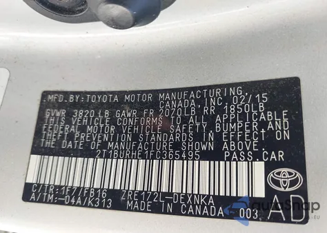 2015 Toyota Corolla Le z USA, uszkodzony, nr VIN 2T1BURHE1FC365495